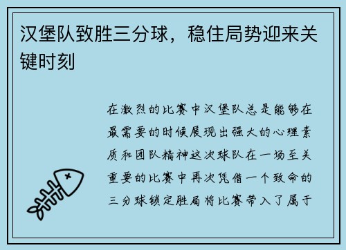 汉堡队致胜三分球，稳住局势迎来关键时刻